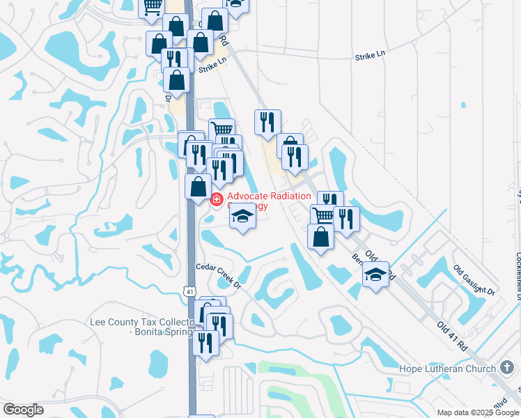 map of restaurants, bars, coffee shops, grocery stores, and more near 8950 Colonnades Court West in Bonita Springs