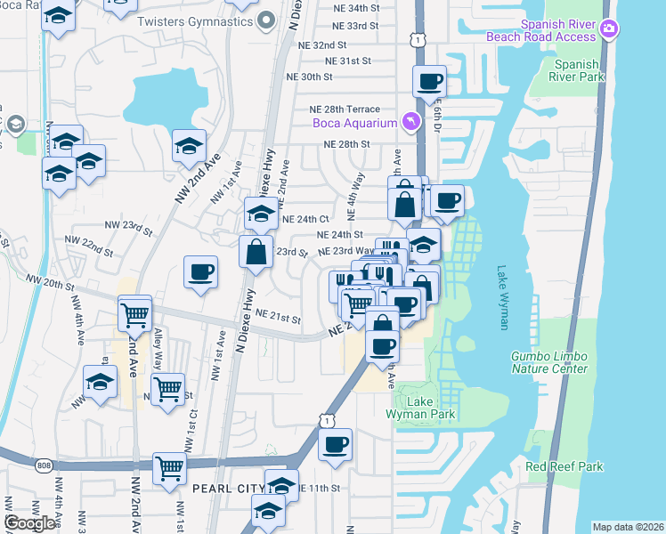 map of restaurants, bars, coffee shops, grocery stores, and more near 2316 Northeast 4th Avenue in Boca Raton