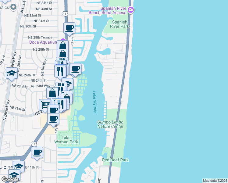 map of restaurants, bars, coffee shops, grocery stores, and more near 2121 North Ocean Boulevard in Boca Raton