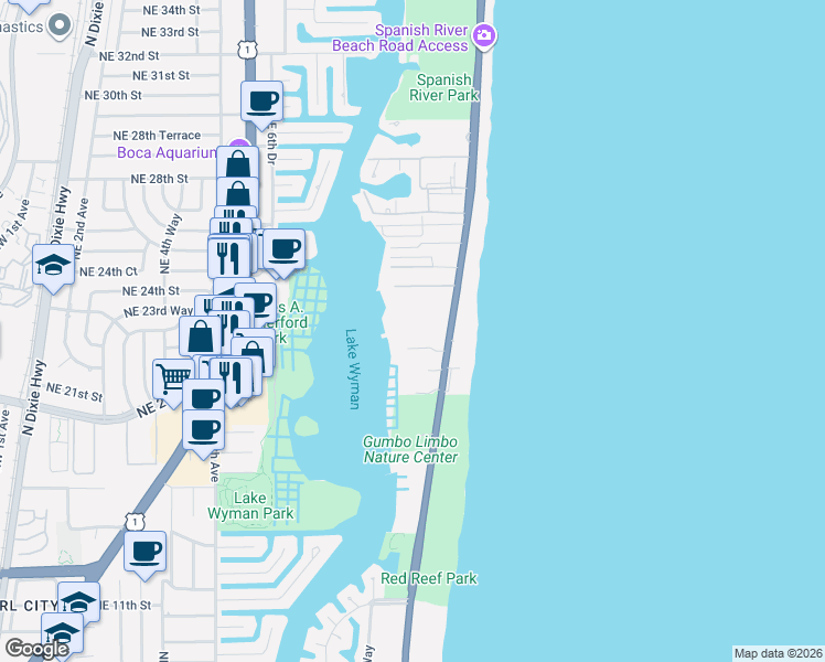 map of restaurants, bars, coffee shops, grocery stores, and more near 2121 North Ocean Boulevard in Boca Raton