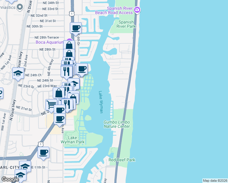 map of restaurants, bars, coffee shops, grocery stores, and more near 2121 North Ocean Boulevard in Boca Raton
