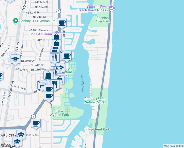 map of restaurants, bars, coffee shops, grocery stores, and more near 2121 North Ocean Boulevard in Boca Raton