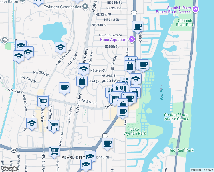 map of restaurants, bars, coffee shops, grocery stores, and more near 2316 Northeast 4th Avenue in Boca Raton
