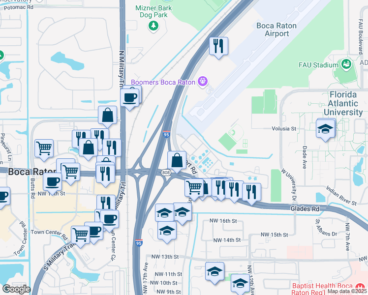 map of restaurants, bars, coffee shops, grocery stores, and more near 1401 Glades Road in Boca Raton