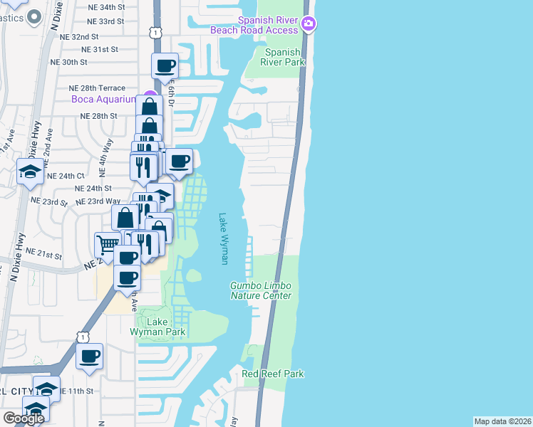map of restaurants, bars, coffee shops, grocery stores, and more near 2121 North Ocean Boulevard in Boca Raton