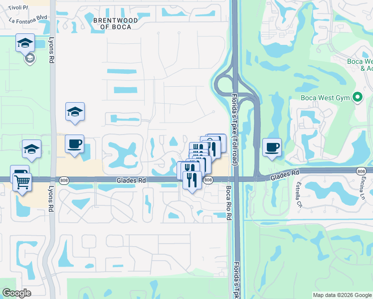 map of restaurants, bars, coffee shops, grocery stores, and more near 20599 81st Way South in Boca Raton