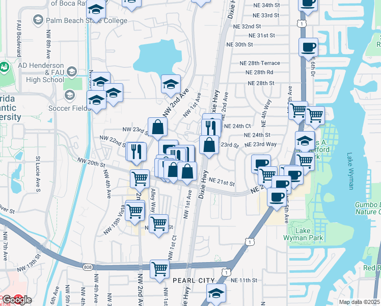 map of restaurants, bars, coffee shops, grocery stores, and more near 135 Northwest 20th Street in Boca Raton