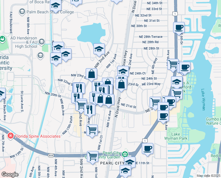 map of restaurants, bars, coffee shops, grocery stores, and more near 135 Northwest 20th Street in Boca Raton