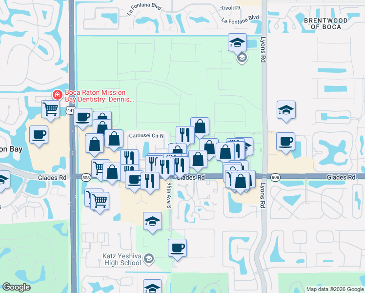 map of restaurants, bars, coffee shops, grocery stores, and more near 9374 Boca River Circle in Boca Raton
