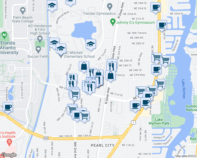 map of restaurants, bars, coffee shops, grocery stores, and more near 141 Northwest 20th Street in Boca Raton