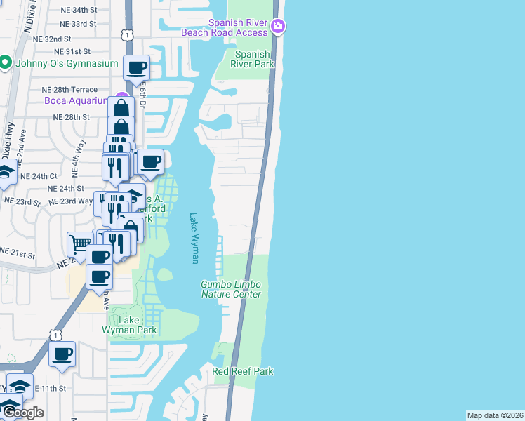 map of restaurants, bars, coffee shops, grocery stores, and more near 2070 North Ocean Boulevard in Boca Raton