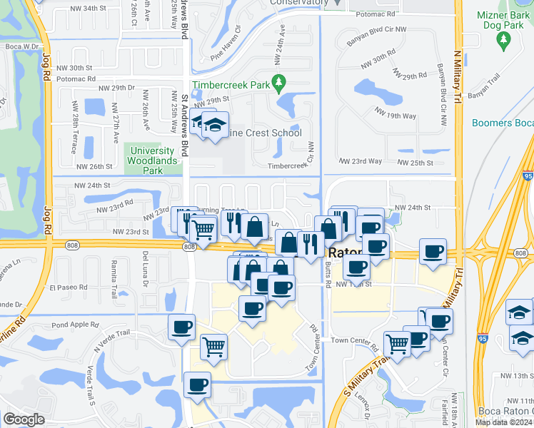 map of restaurants, bars, coffee shops, grocery stores, and more near 24 Burning Tree Lane in Boca Raton