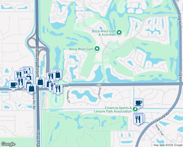 map of restaurants, bars, coffee shops, grocery stores, and more near 3601 Bridgewood Drive in Boca Raton
