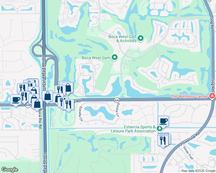map of restaurants, bars, coffee shops, grocery stores, and more near 3601 Bridgewood Drive in Boca Raton