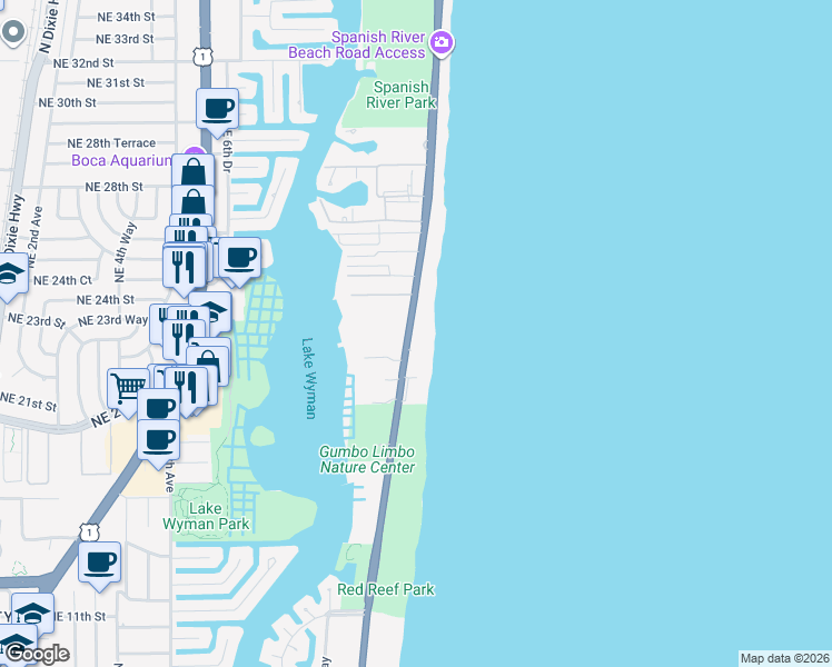 map of restaurants, bars, coffee shops, grocery stores, and more near 2070 North Ocean Boulevard in Boca Raton