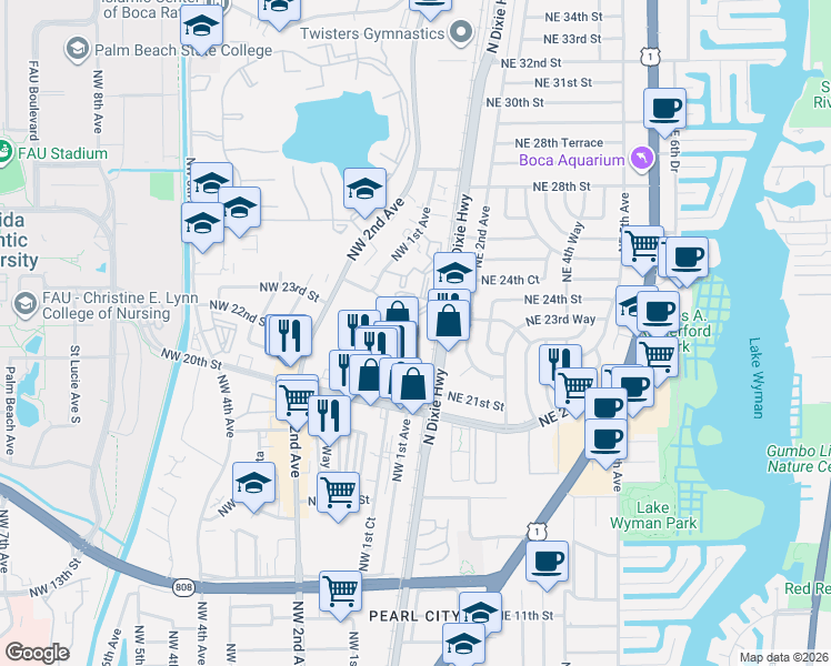map of restaurants, bars, coffee shops, grocery stores, and more near 2210 North Dixie Highway in Boca Raton