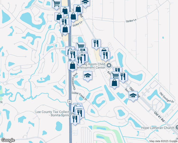 map of restaurants, bars, coffee shops, grocery stores, and more near 8930 Colonnades Court West in Bonita Springs