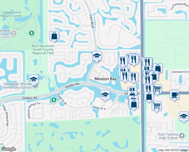 map of restaurants, bars, coffee shops, grocery stores, and more near 10501 Lake Vista Circle in Boca Raton