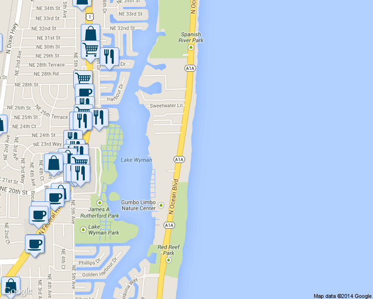 map of restaurants, bars, coffee shops, grocery stores, and more near 2070 North Ocean Boulevard in Boca Raton