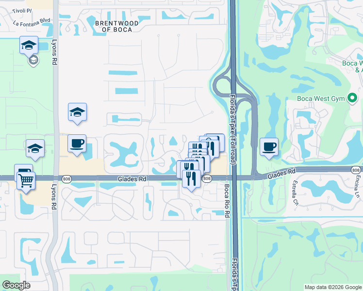 map of restaurants, bars, coffee shops, grocery stores, and more near 20599 81st Way South in Boca Raton