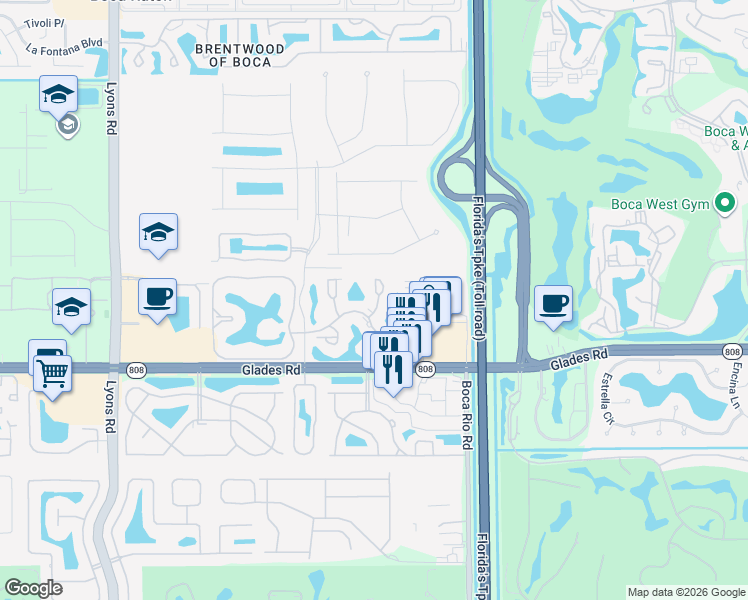 map of restaurants, bars, coffee shops, grocery stores, and more near 20599 81st Way South in Boca Raton