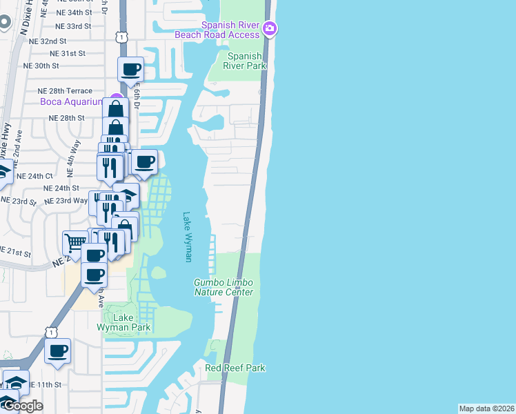 map of restaurants, bars, coffee shops, grocery stores, and more near 2070 North Ocean Boulevard in Boca Raton