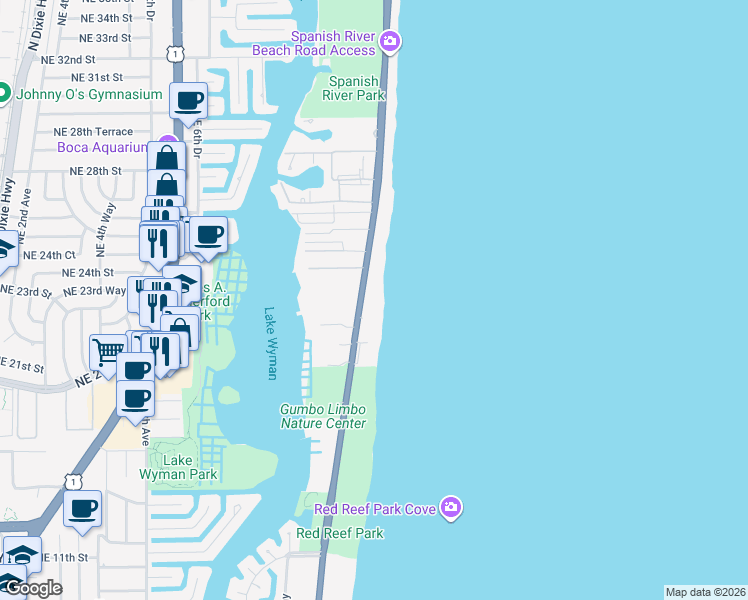 map of restaurants, bars, coffee shops, grocery stores, and more near 2070 North Ocean Boulevard in Boca Raton