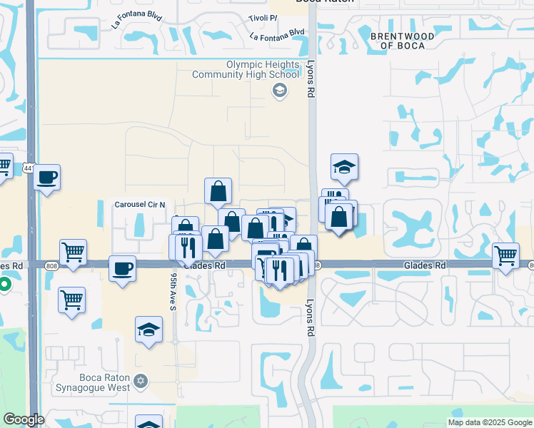 map of restaurants, bars, coffee shops, grocery stores, and more near 20525 South Charleston Street in Boca Raton