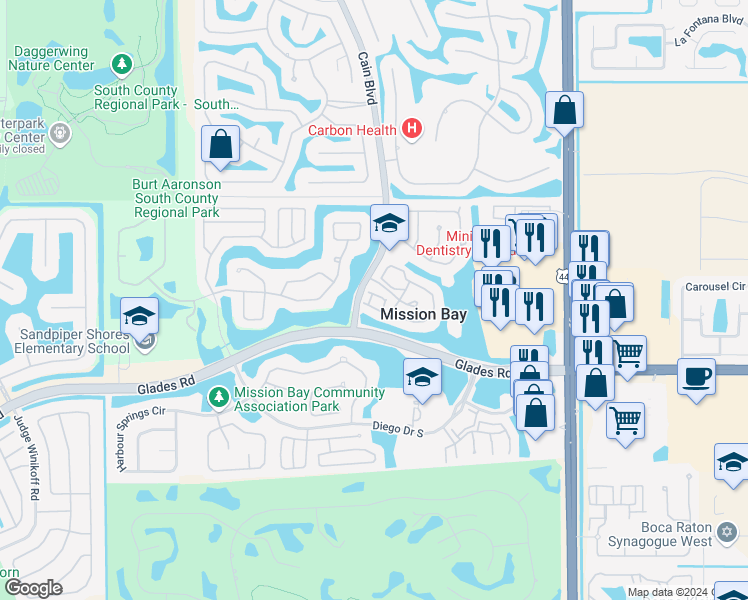 map of restaurants, bars, coffee shops, grocery stores, and more near 20508 Vía Marisa in Boca Raton