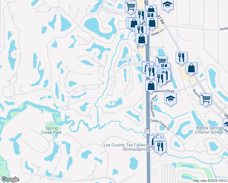 map of restaurants, bars, coffee shops, grocery stores, and more near 25245 Pelican Creek Circle in Bonita Springs