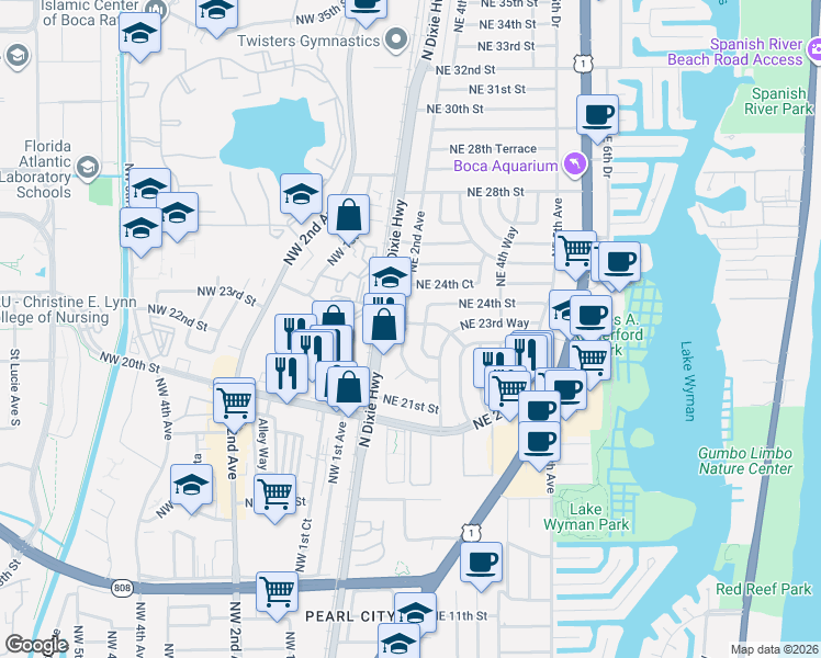 map of restaurants, bars, coffee shops, grocery stores, and more near 2200 Northeast 2nd Avenue in Boca Raton