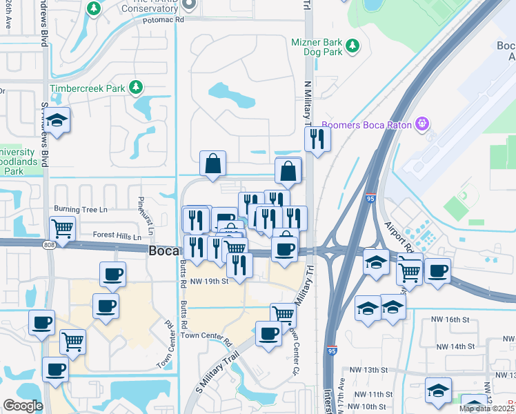 map of restaurants, bars, coffee shops, grocery stores, and more near Corporate Boulevard Northwest in Boca Raton