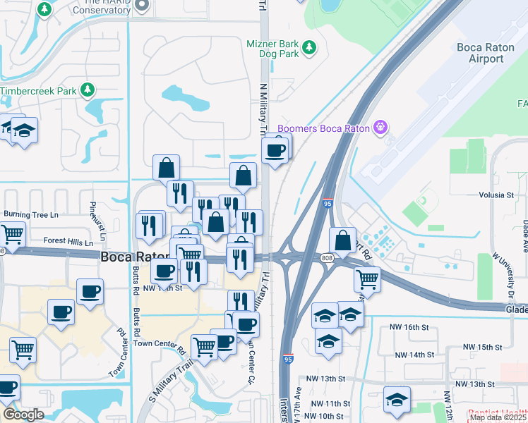 map of restaurants, bars, coffee shops, grocery stores, and more near 2501 North Military Trail in Boca Raton