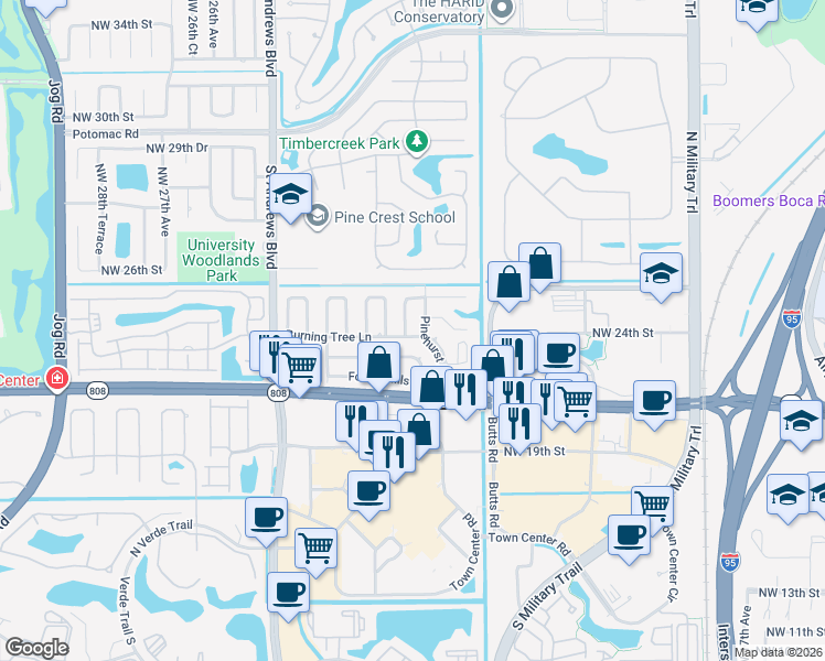 map of restaurants, bars, coffee shops, grocery stores, and more near 108 Pinehurst Lane in Boca Raton