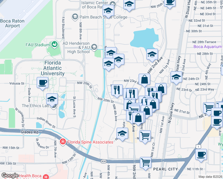 map of restaurants, bars, coffee shops, grocery stores, and more near 2140 Northwest 4th Ct. in Boca Raton