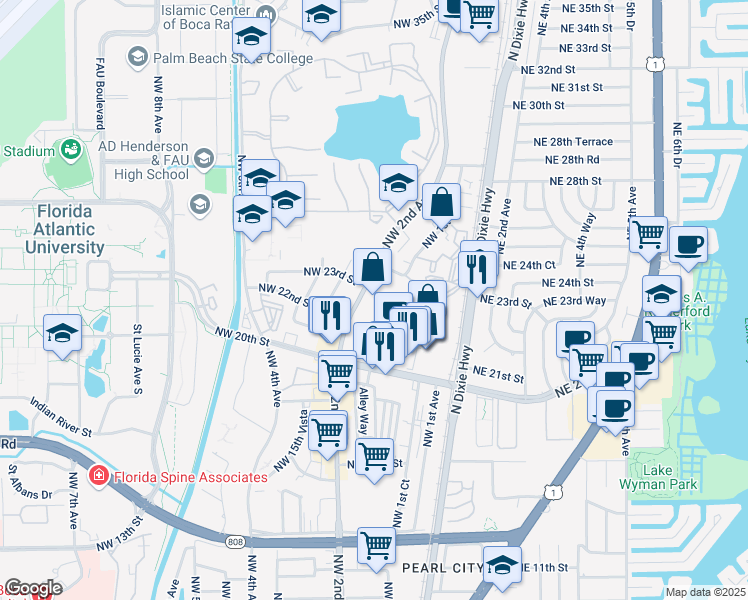 map of restaurants, bars, coffee shops, grocery stores, and more near 160 Northwest 24th Street in Boca Raton