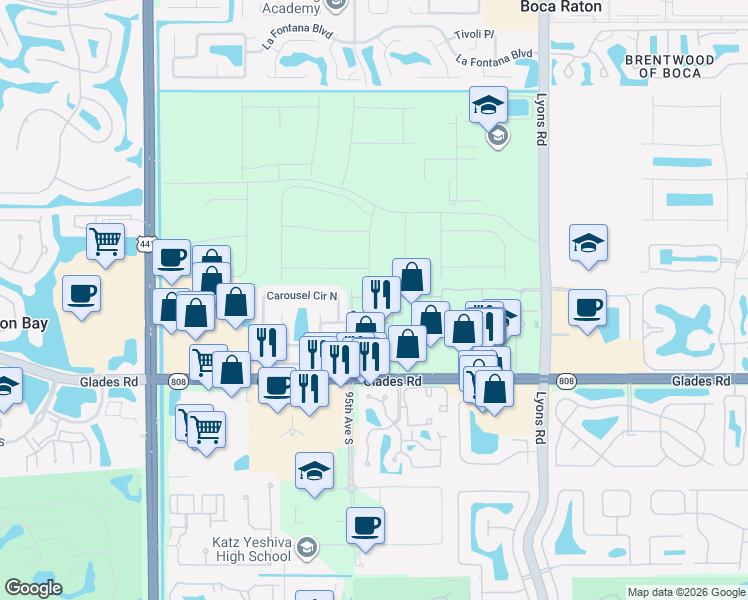 map of restaurants, bars, coffee shops, grocery stores, and more near 9479 Boca River Circle in Boca Raton