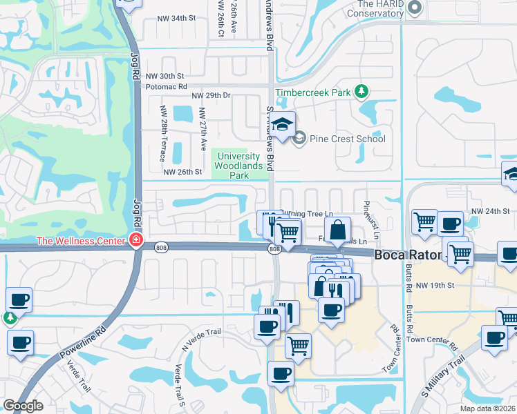 map of restaurants, bars, coffee shops, grocery stores, and more near 2357 Northwest 25th Way in Boca Raton