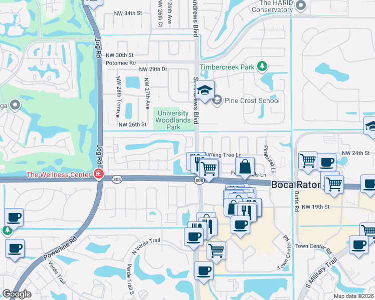 map of restaurants, bars, coffee shops, grocery stores, and more near 2357 Northwest 25th Way in Boca Raton