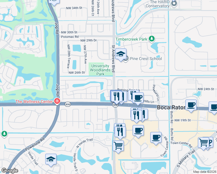 map of restaurants, bars, coffee shops, grocery stores, and more near 2357 Northwest 25th Way in Boca Raton