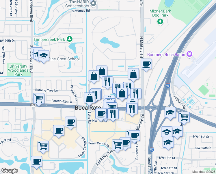 map of restaurants, bars, coffee shops, grocery stores, and more near 2101 Corporate Boulevard Northwest in Boca Raton