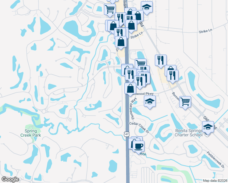map of restaurants, bars, coffee shops, grocery stores, and more near 25259 Galashields Circle in Bonita Springs