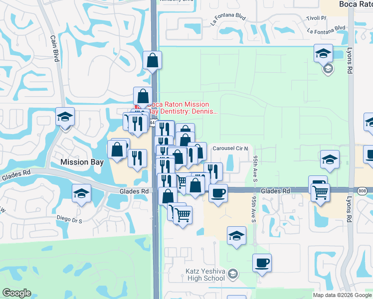 map of restaurants, bars, coffee shops, grocery stores, and more near 20540 Florida 7 in Boca Raton