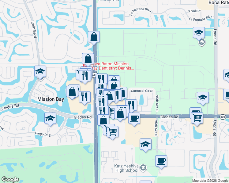 map of restaurants, bars, coffee shops, grocery stores, and more near 20540 Florida 7 in Boca Raton