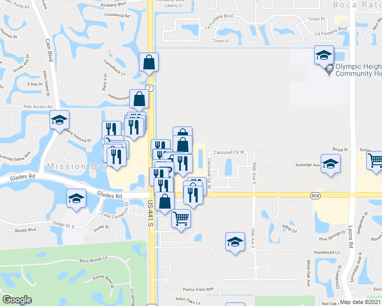 map of restaurants, bars, coffee shops, grocery stores, and more near 9793 Glades Road in Boca Raton