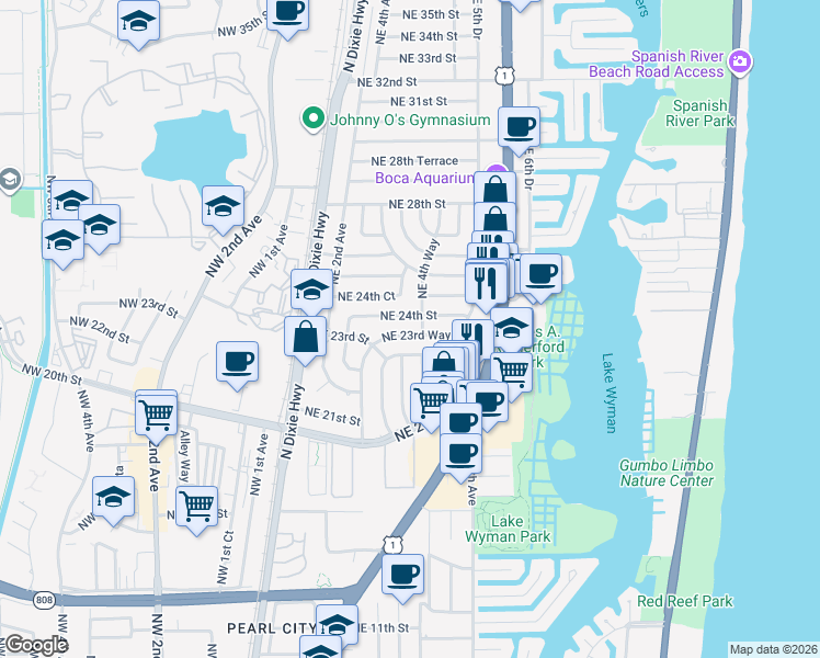 map of restaurants, bars, coffee shops, grocery stores, and more near 380 Northeast 24th Street in Boca Raton