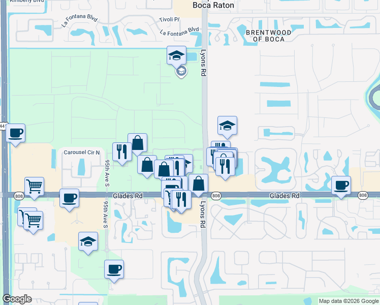 map of restaurants, bars, coffee shops, grocery stores, and more near 20525 South Charleston Street in Boca Raton