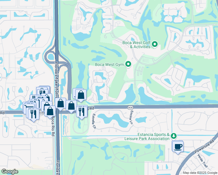 map of restaurants, bars, coffee shops, grocery stores, and more near Bridgewood Drive in Boca Raton