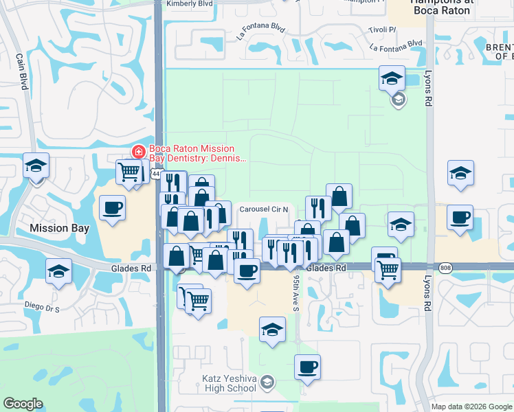 map of restaurants, bars, coffee shops, grocery stores, and more near 9669 Carousel Circle North in Boca Raton