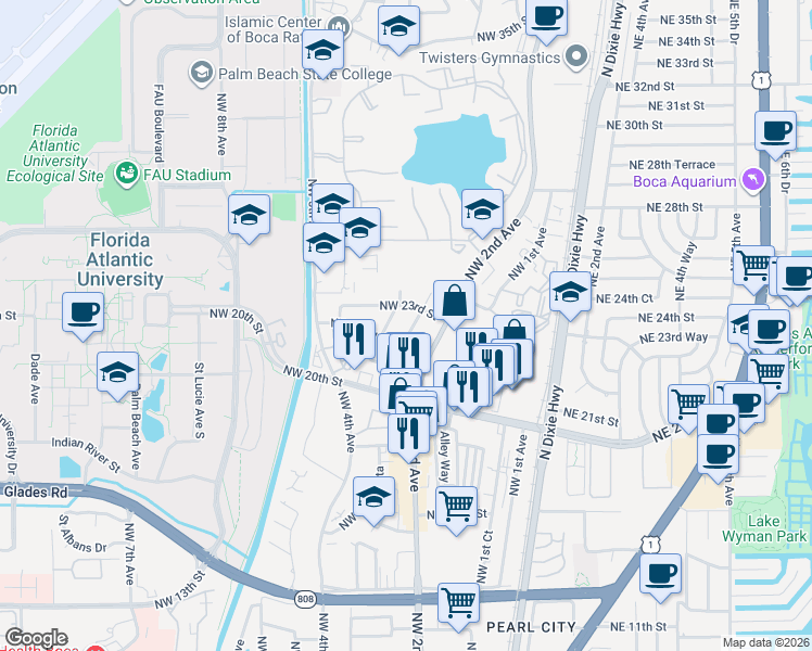 map of restaurants, bars, coffee shops, grocery stores, and more near 2260 Northwest 3rd Court in Boca Raton